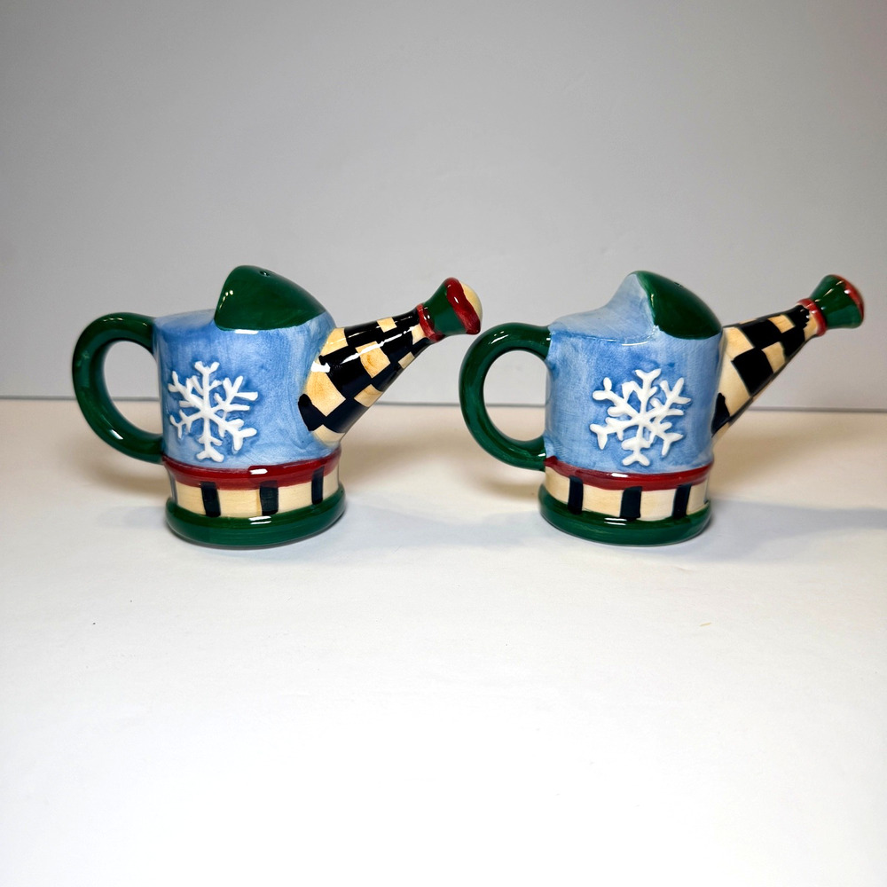 Sakura Hand Painted Ceramic Snowman Gift and Watering Can Salt Pepper Shaker Set
